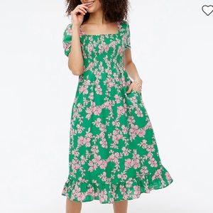 J. Crew Smocked Midi Dress With Puff Sleeves